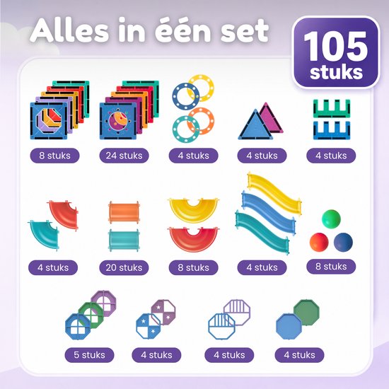 Overzicht van 105 stuks magnetische tegels met verschillende vormen zoals vierkanten, driehoeken, buizen, hellingen en knikkers.