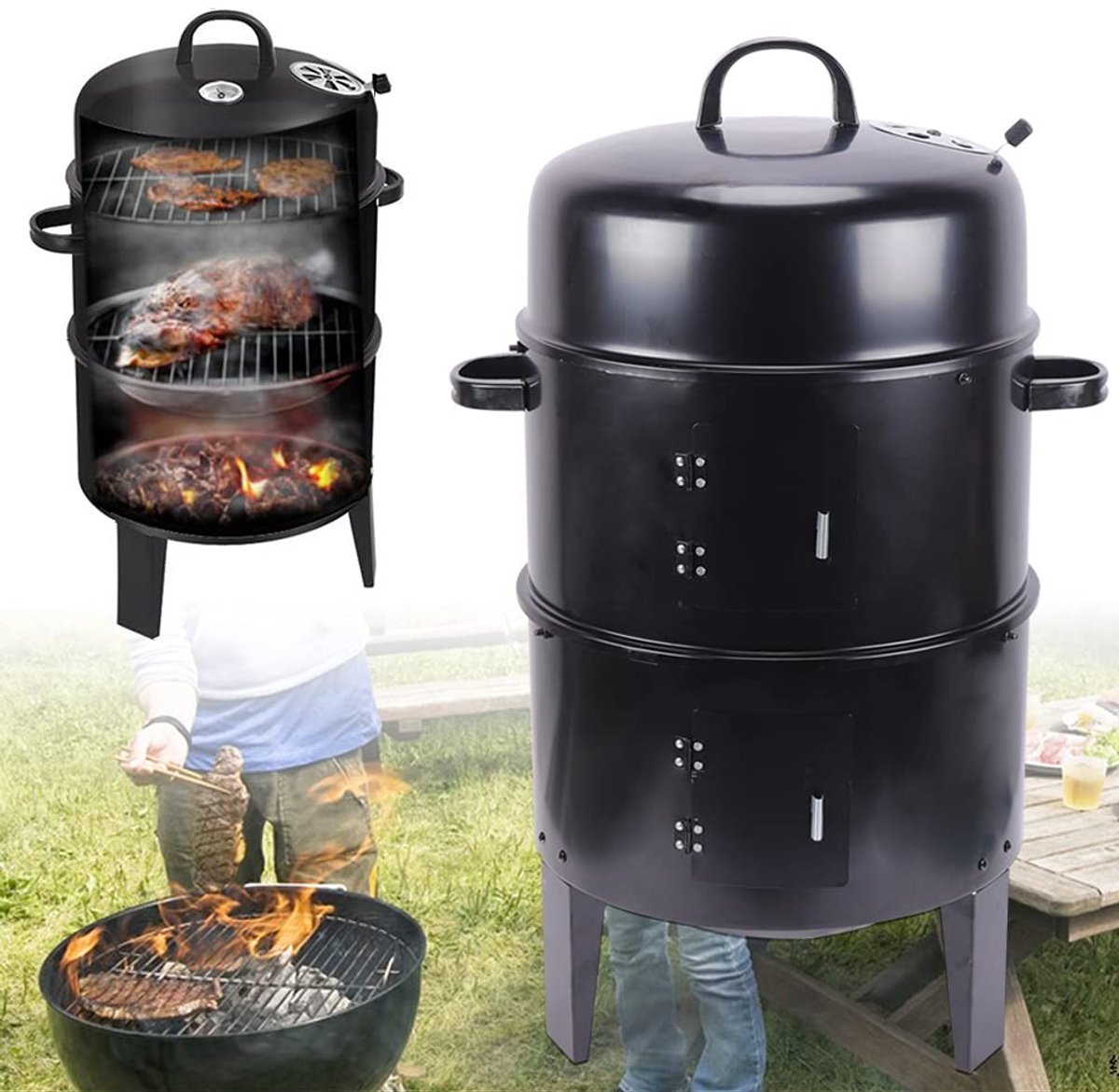 Elzusha - 3-in-1 Houtskool Grill en Rookoven met Thermometer