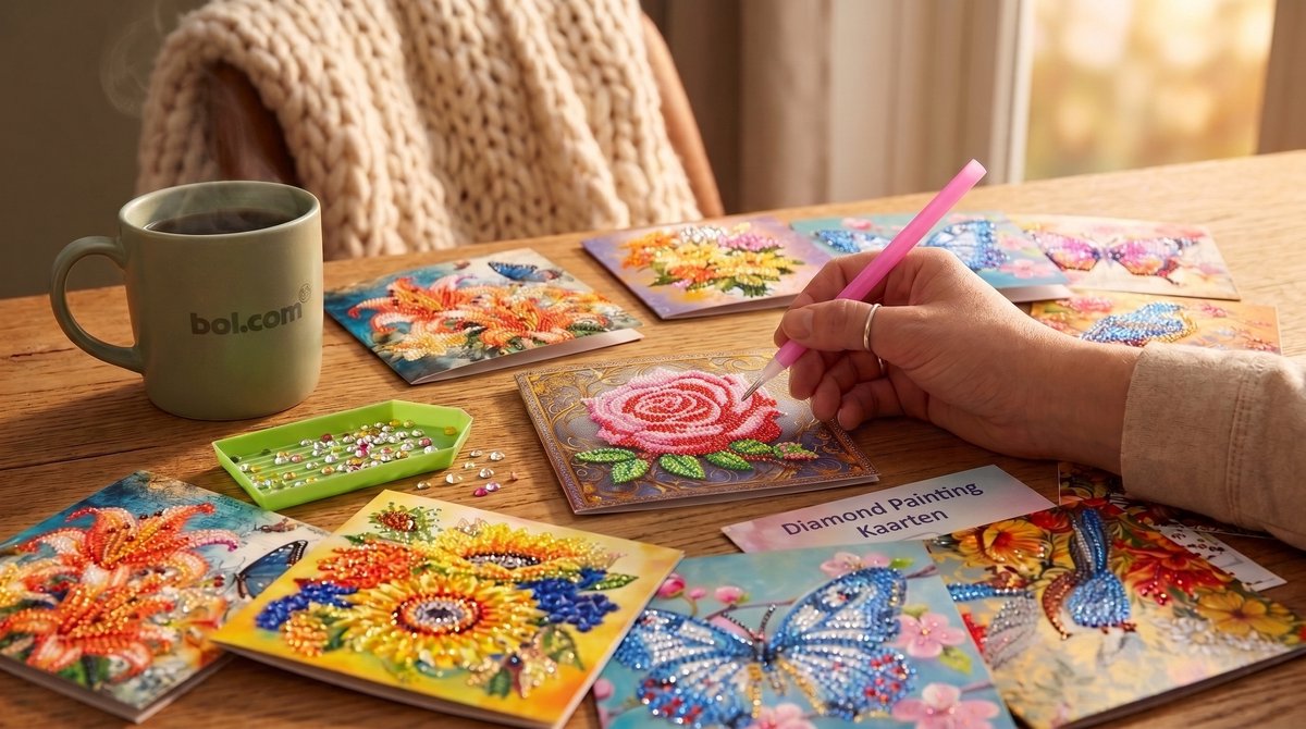 Huntex Diamond Painting Kaarten - 12 Wenskaarten met Enveloppen - Compleet Hobbypakket voor Volwassenen en Kinderen - Bloemen, Vogels en Vlinders — afbeelding 4