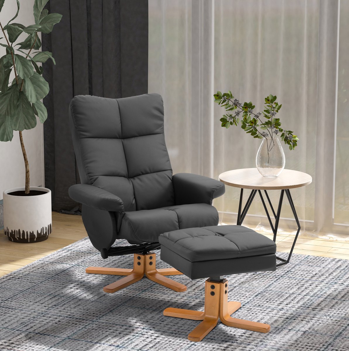 REDOM - Relaxfauteuil met hocker - 360° draaibaar - Handmatig verstelbare rugleuning tot 145° - Ergonomisch - Voor woonkamer - PU en houten onderstel - Zwart - 80 x 86 x 99 cm