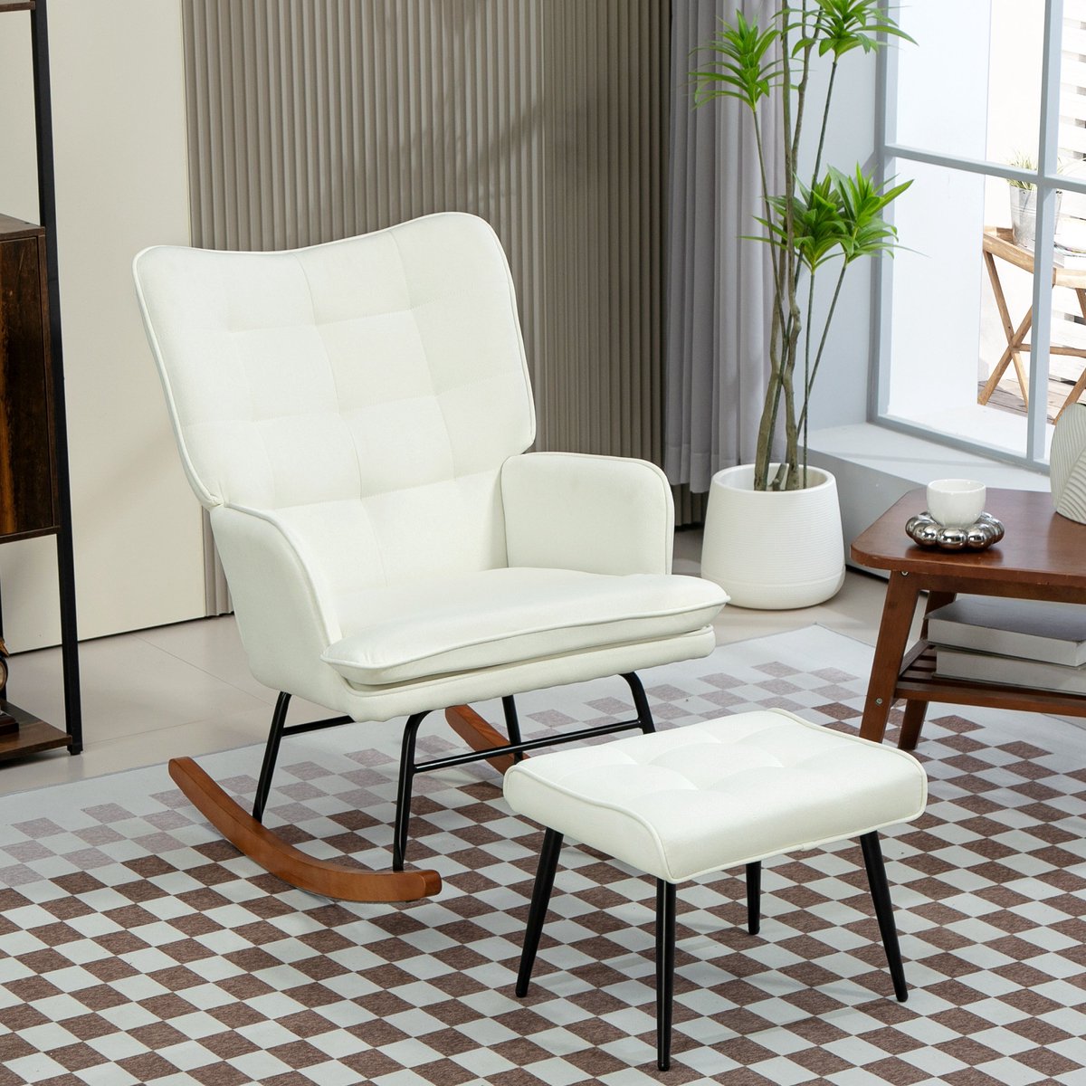 REDOM - Schommelstoel - Met hocker - Hoge rugleuning en armleuningen - Gevoerd - Woonkamer en slaapkamer - Polyester - Crème wit - 64 x 89 x 90 cm