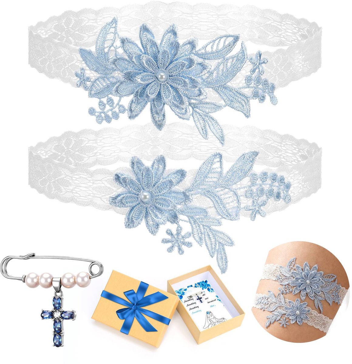 Elzusha - Blauwe Bruids Garter van Hoogwaardige Kant voor Huwelijksdecoratie