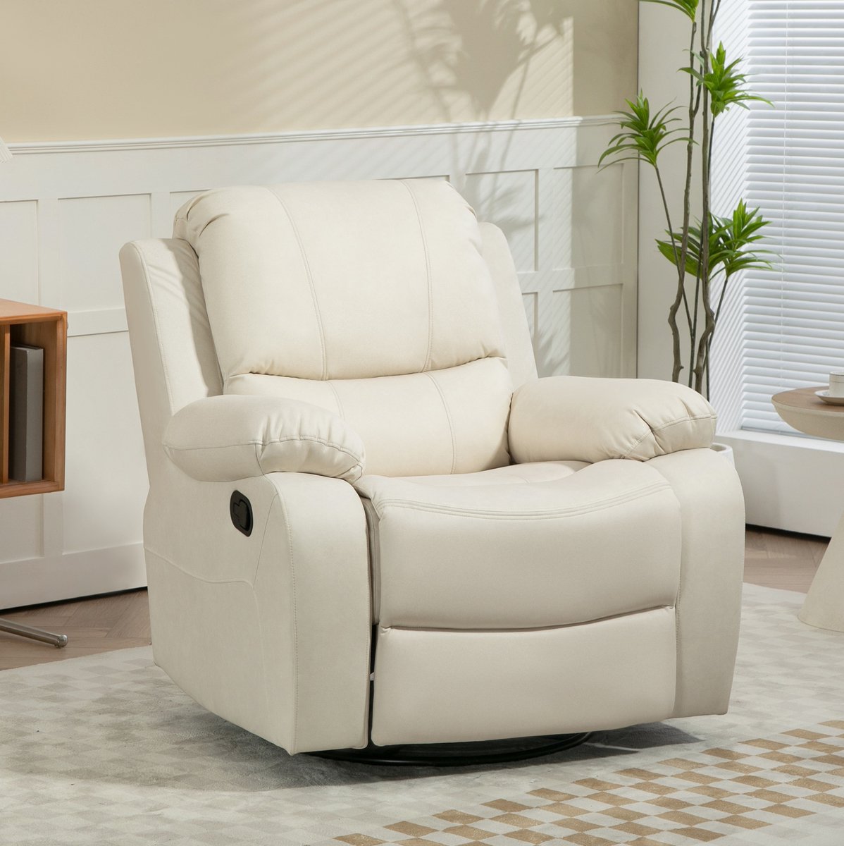 REDOM - Relaxfauteuil - Handmatig verstelbaar - Ligfunctie met voetsteun - Draaibaar en schommelend - Woonkamer - Stof en metaal - Cremewit - 93 x 100 x 98 cm
