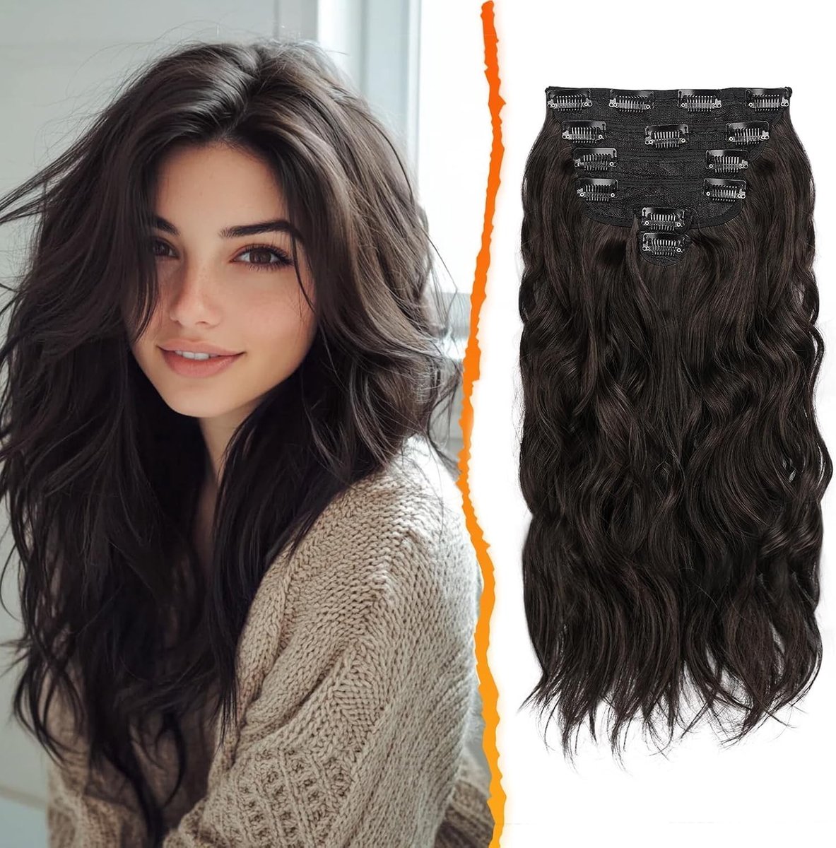 Clip in Haarextensions 40cm Donkerbruin, Golvend en Krullend, 6 Stuks Natuurlijke Dikke Synthetische Haarstukken voor Vrouwen
