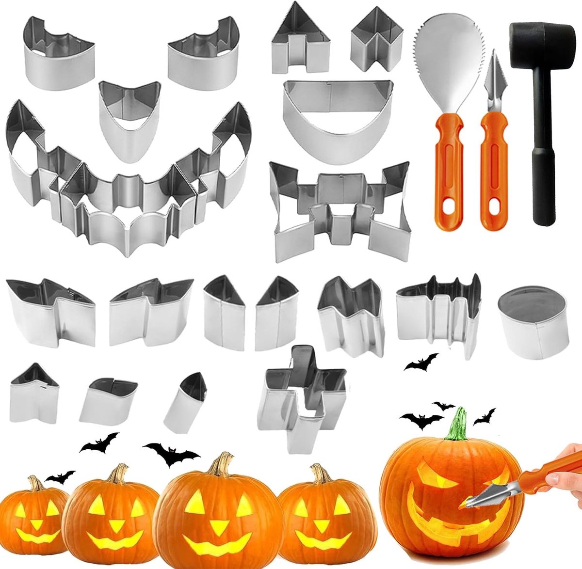 Pompoen snijset 24-delig - roestvrij staal - diverse vormen - perfect voor Halloween decoraties - ShopVlot