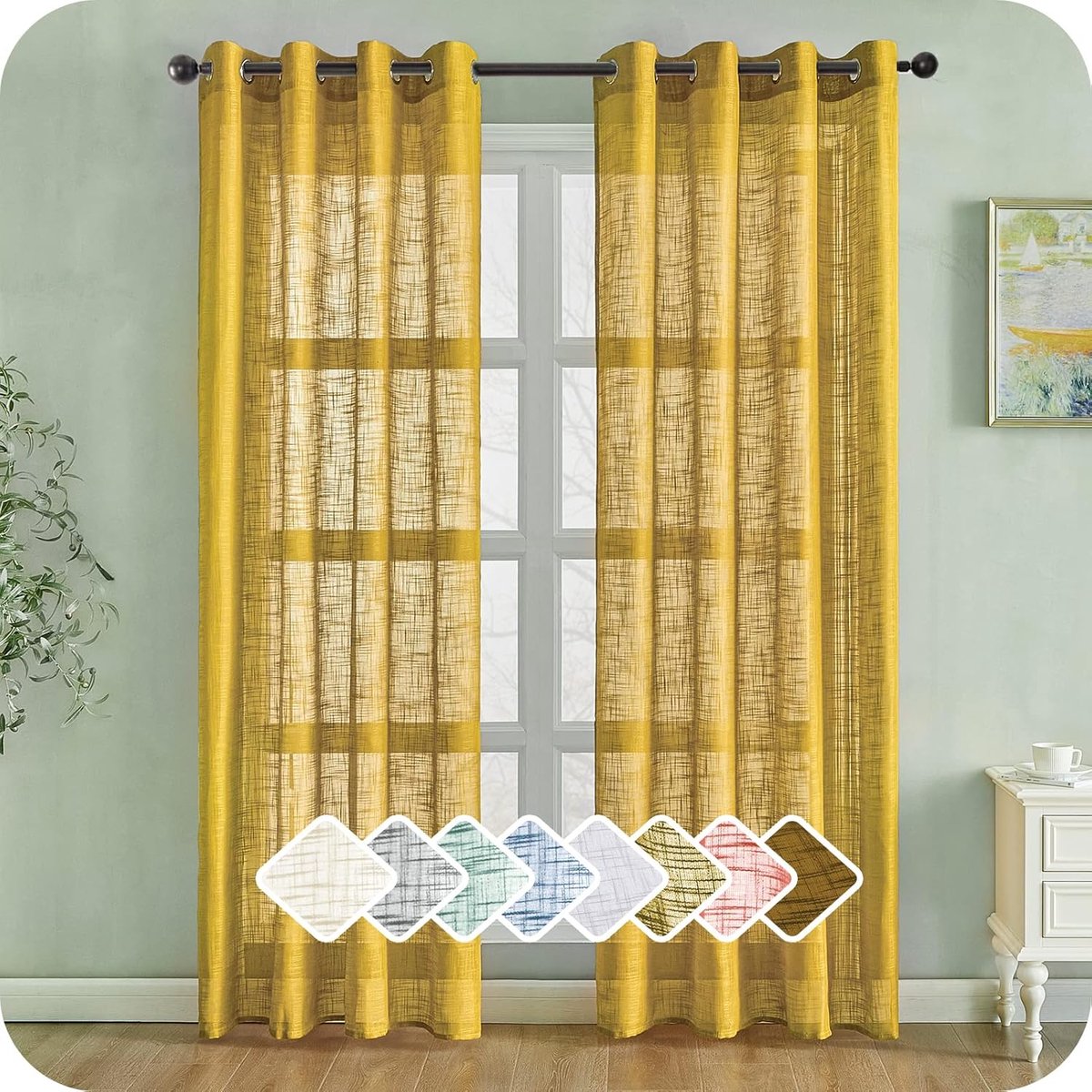 Gordijnen set van 2 - Mustard Geel - Korte voile gordijnen met oogjes - Perfect voor woonkamer of slaapkamer - ShopVlot