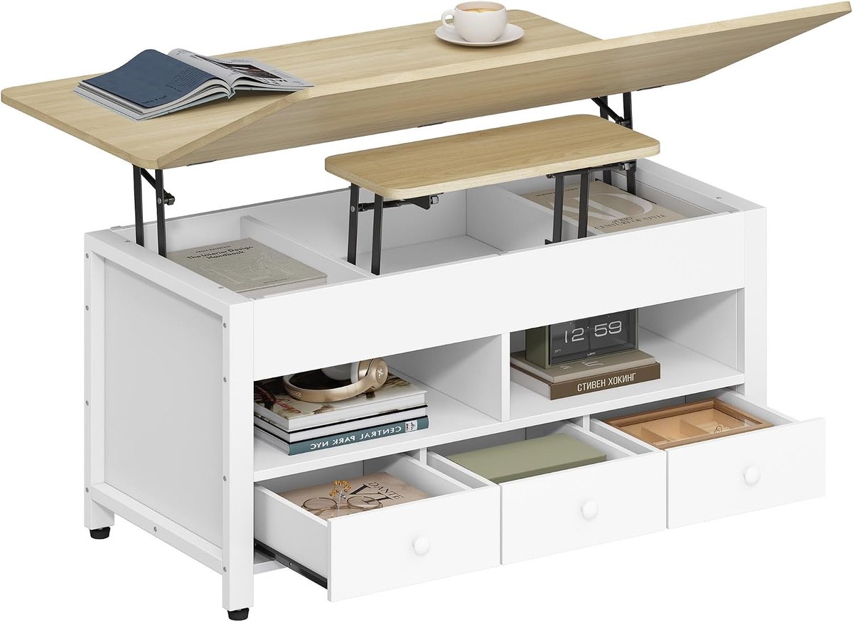 Hzuaneri In hoogte verstelbare salontafel, om te bouwen tot eettafel, eikenlook, woonkamertafel met 3 lades en 2 vakken, 50 × 100 × 45 cm, voor woonkamer en thuiskantoor