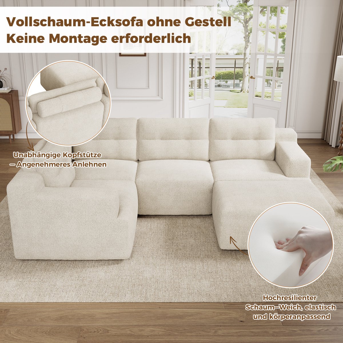 Woonkamer Hoekbank, 5-Zitsbank, L-Bank, U-Bank, Modulaire Combinatiebank, Flexibel Te Configureren Als L-Vorm Of U-Vorm, Frameloze Constructie Van Schuim, Geen Montage Nodig, Chenille Bekleding-Beige