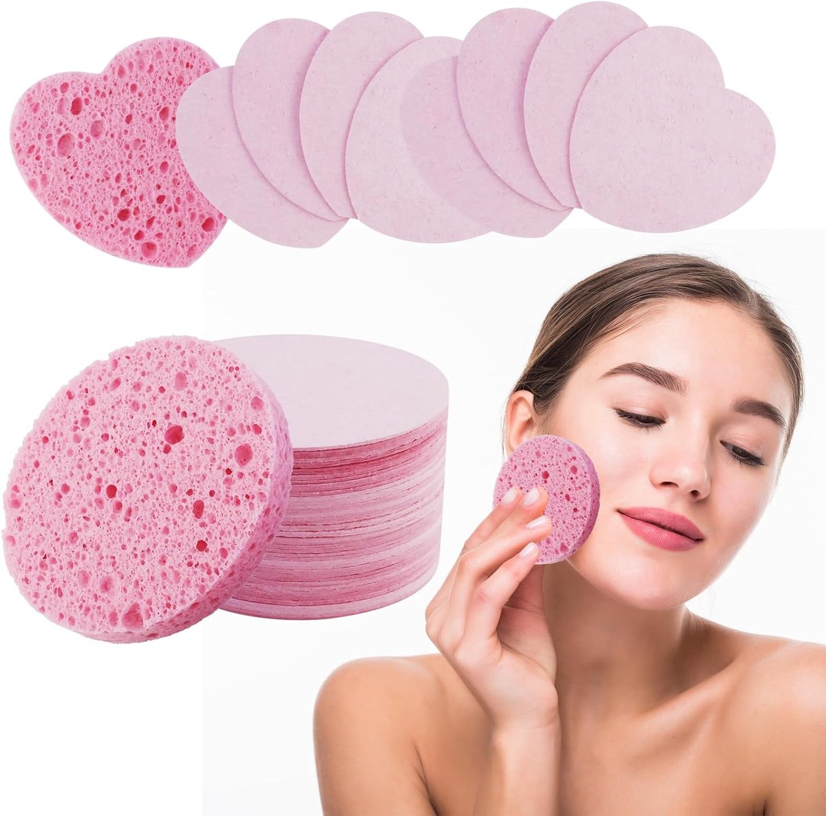 Gezichtssponzen 80 stuks - Roze hart en cirkel - Zachte cellulose - Ideaal voor gezichtsreiniging - ShopVlot