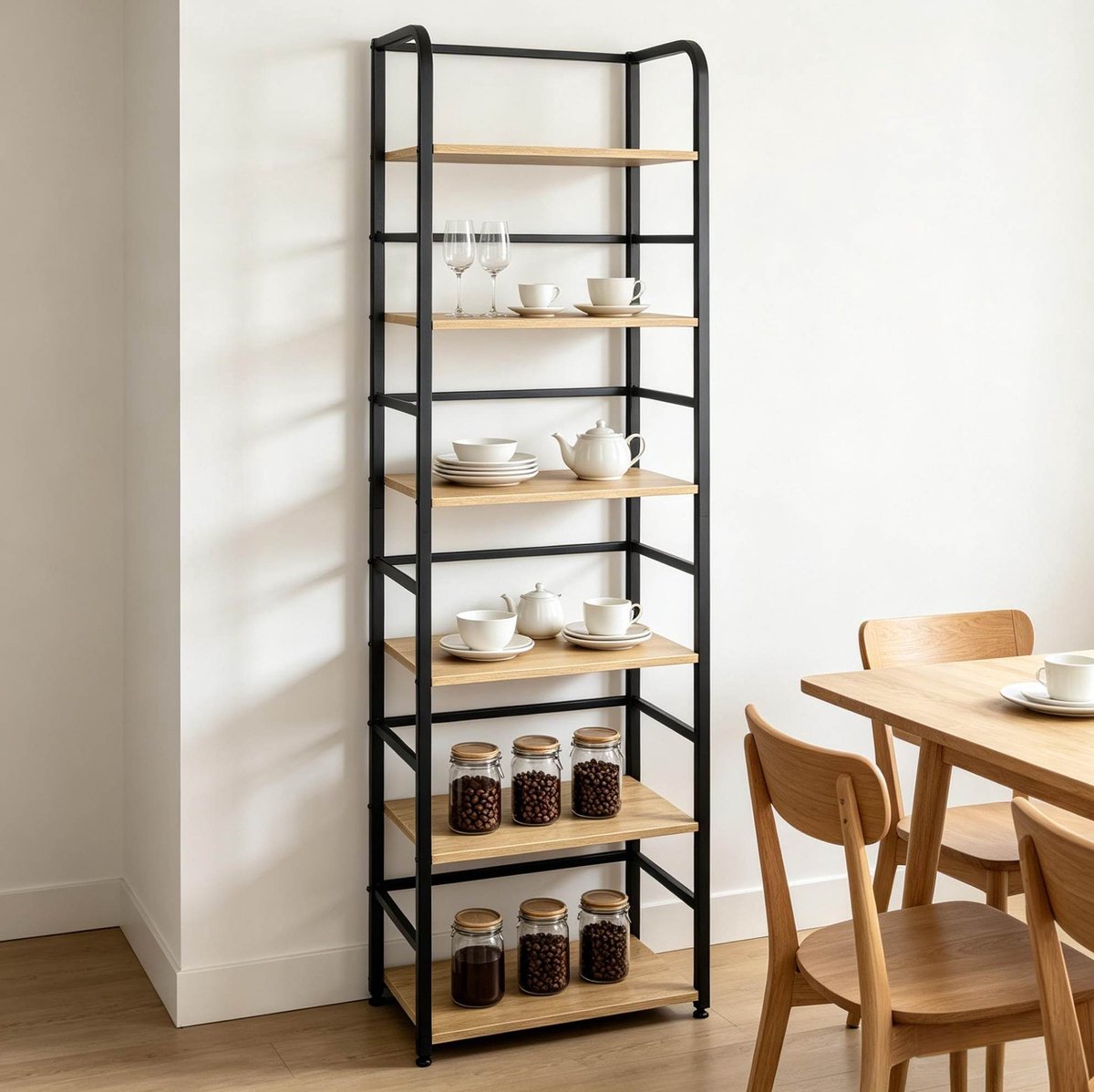 MIVRAY Stellingkast – 6 Lagen Open Design – 50 X 30 X 176 Cm – MDF En Metaal – Zwart Licht Eiken – Boeken, Planten En Decor