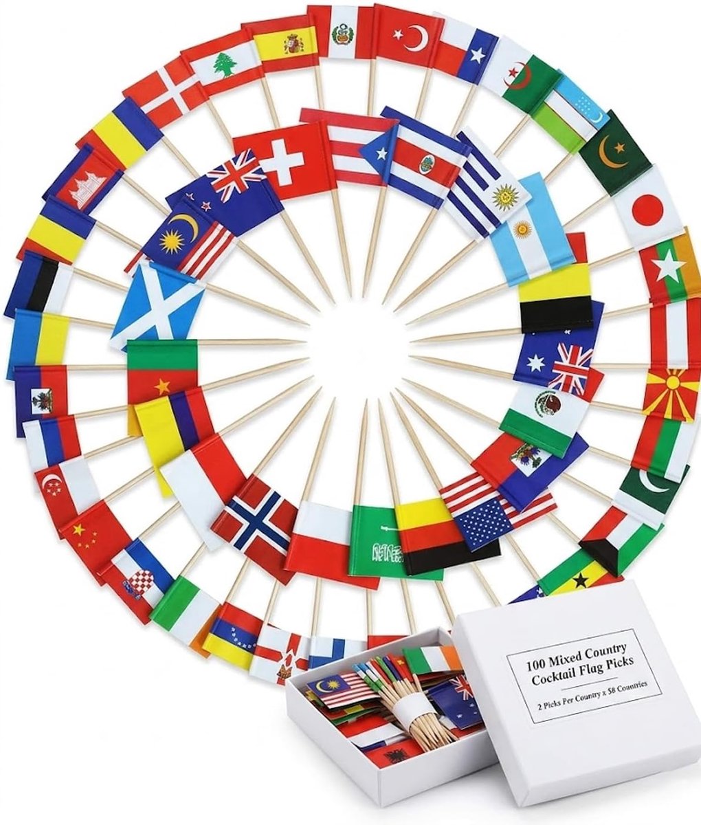 Tandenstokers Internationaal Vlaggen 100 Stuks - Houten Decoratie - 50 Landen - Feestelijke Aperitifs en Cocktails - ShopVlot