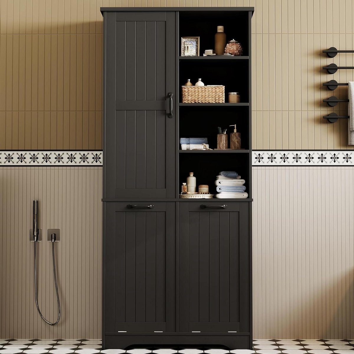 Badkamerkast - Opbergkast Hoge Kast - Badkamer Organisatie - Vochtbestendige Lak - 78x35x172.7 cm - Zwart
