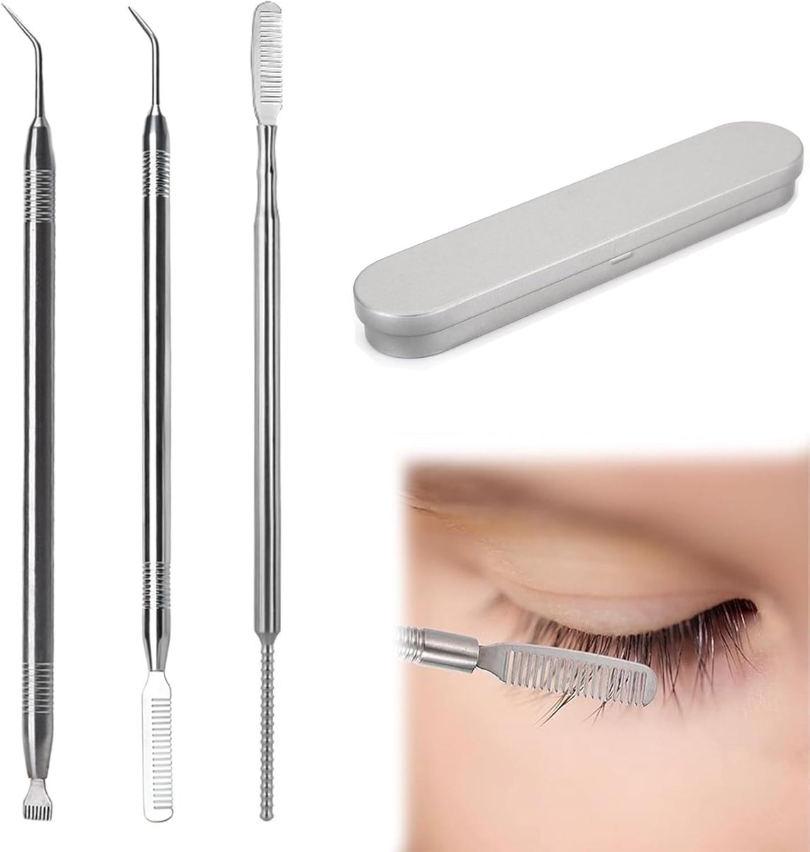 Wimperkam set 3 stuks - roestvrij staal - met opbergdoos - multifunctioneel wimperlifting gereedschap - ShopVlot