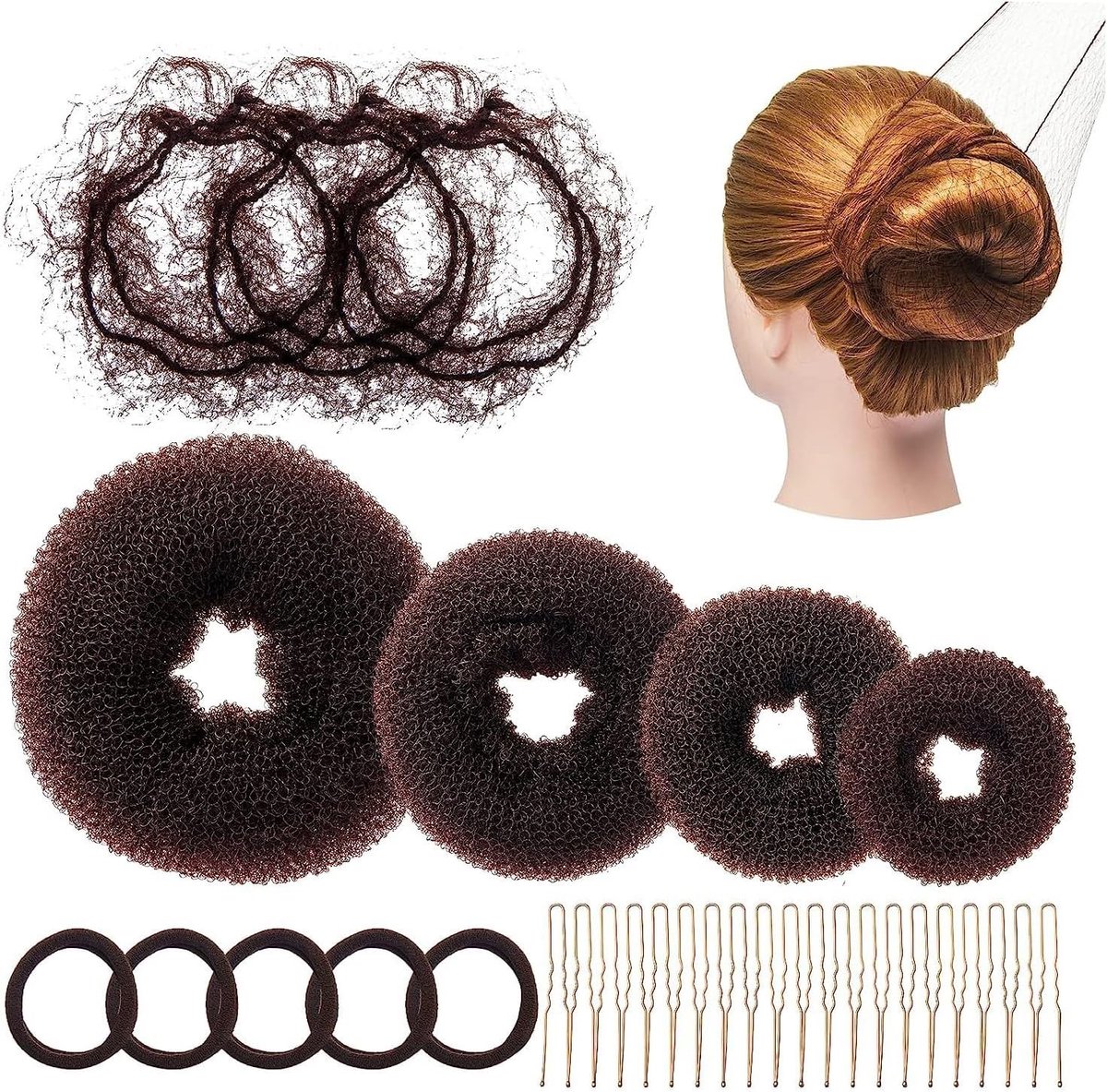 4 stuks, knotmaker voor kinderen en vrouwen, haarhulpje, onzichtbare haarnetjes, knotkussen, groot met 5 haarhaarbanden, 20 U-vormige haarspelden, 3 haarnetjes, elastisch