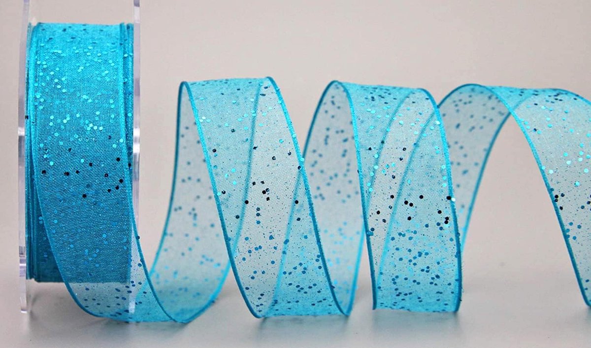 20 m x 25 mm Decoratielint glitter turquoise stoffen lint transparant glanzend organza met draadranden elegant Kerstmis advent verjaardag premium glitter lint chiffon chiffonlint draad