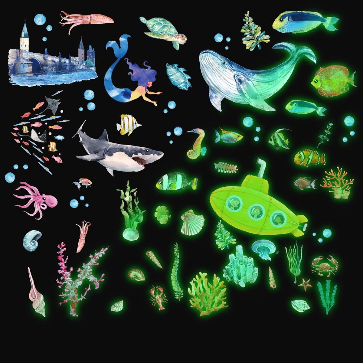 Muurstickers oceaanthema fluorescerende stickers zeewereld wezen stickers lichtgevende onderwater dier muur decor voor kinderen slaapkamer kinderkamer
