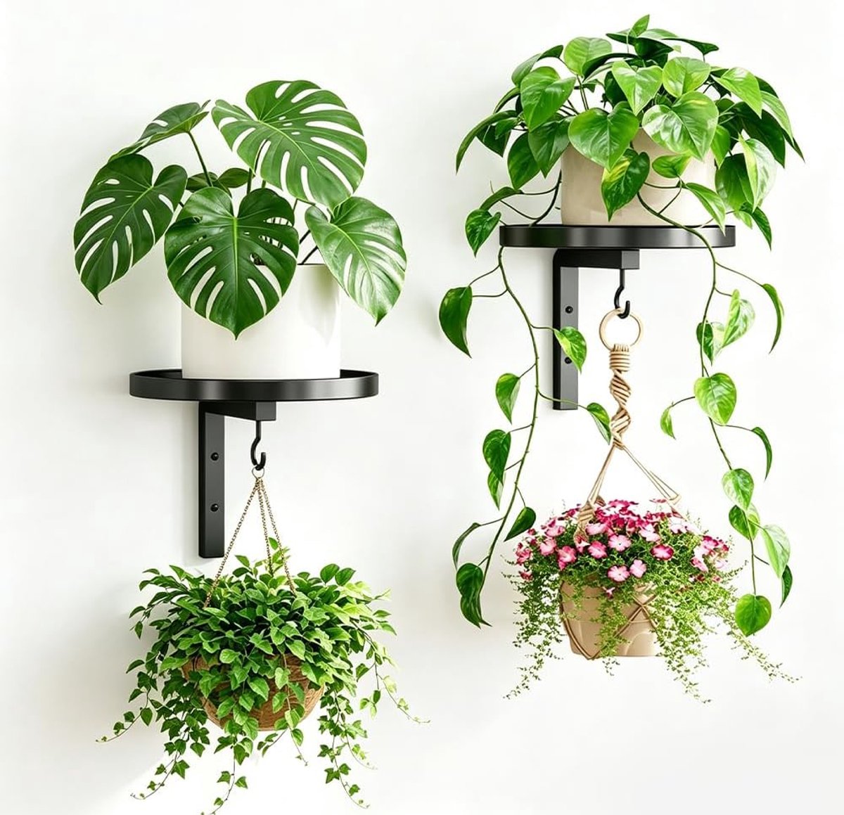 plantenstandaard, set van 2, hangende bloemenstandaard en plantenrek met meerdere verdiepingen van metaal, hoog bloemenrek voor kamerplanten en decoratie, binnen en buiten, voor balkon