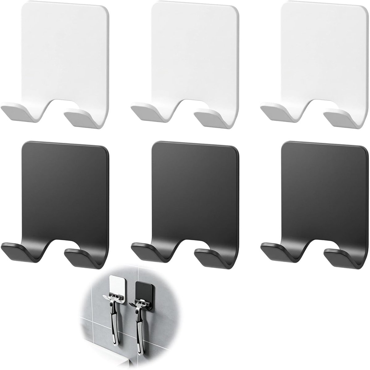 Scheerhouder douche, houder scheerapparaat douche voor natte ruimtes, set met 6 stuks, zwart en wit, waterdicht, bevestiging zonder boren, opslag van verzorgingsartikelen en opladers