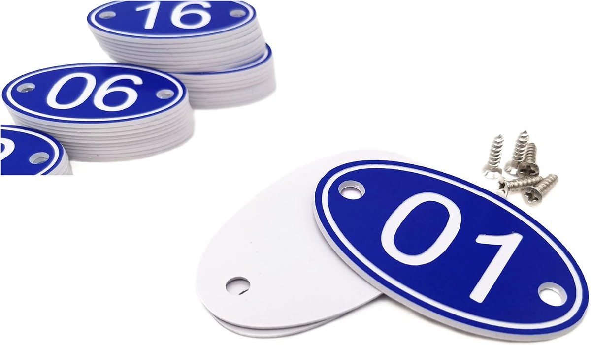 Gegraveerde ovale tafelnummers 30 mm x 50 mm blauw 1-50