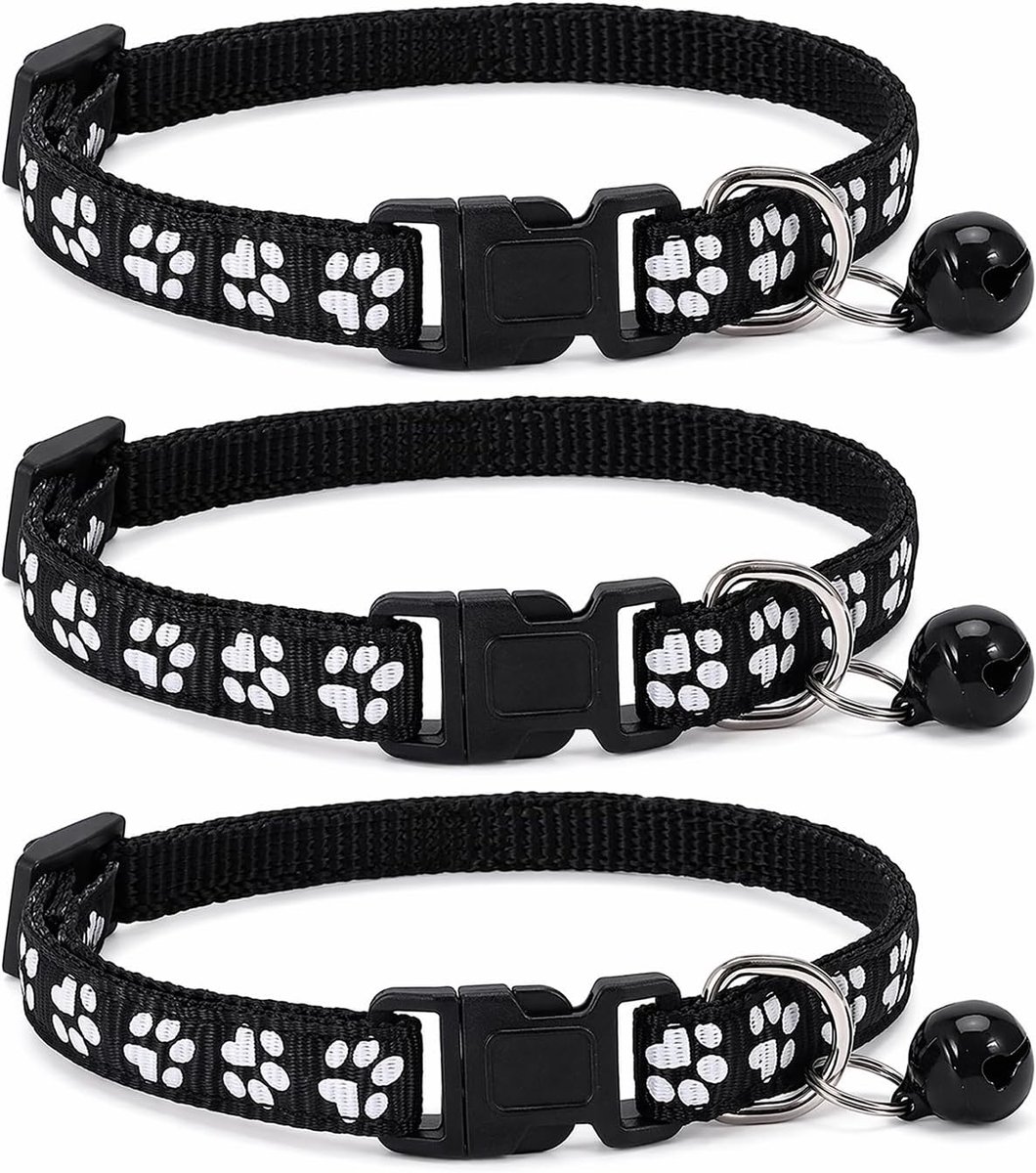 3 stuks kattenhalsband, verstelbaar, met afneembare bel en veiligheidsgesp, voor kittens, puppy's en kleine honden, maat 20 tot 32 cm, zwart, halsband voor puppy's