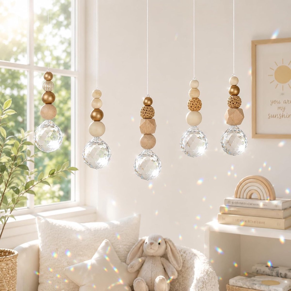 zonnevanger knutselen raamdecoratie - 5 stuks Suncatcher hangers met kristal en houten kralen, raamkristal voor woonkamer, balkon, serre, regenboog lichtvanger decoratie