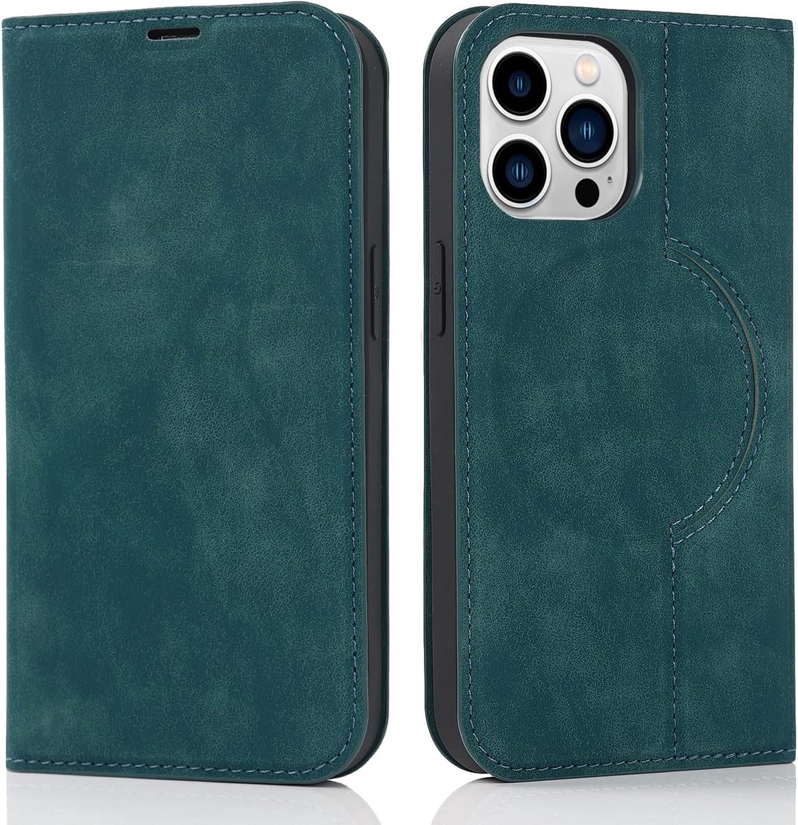 Hoesje voor iPhone 14 Pro, compatibel met MagSafe, leren hoes, telefoonhoes met RFID-bescherming, flipcase met kaarthouder, standaard, magneet, klaphoes, donkergroen