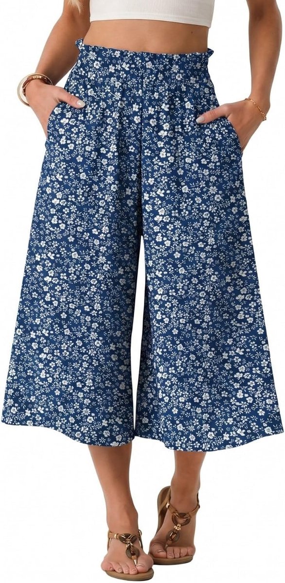 Zomerbroek voor dames, licht, hoge taille, culotte, zomer, casual, palazzo-broek, wijde pijpen, broek met zakken
