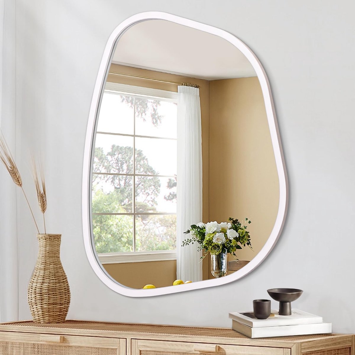 wandspiegel, ovaal, onregelmatig, modern houten frame, unieke vorm, decoratieve spiegel voor woonkamer, slaapkamer, badkamer
