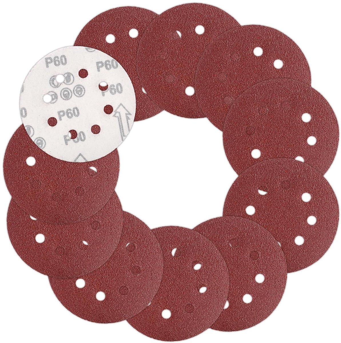 120x Schuurschijven 125 mm, 8 gaten, klittenband – P60 | 120 stuks P60; minder verstopping dankzij 8 gaten; snel wisselen met klittenband; voor hout/metaal/kunststof; Ø125 mm.