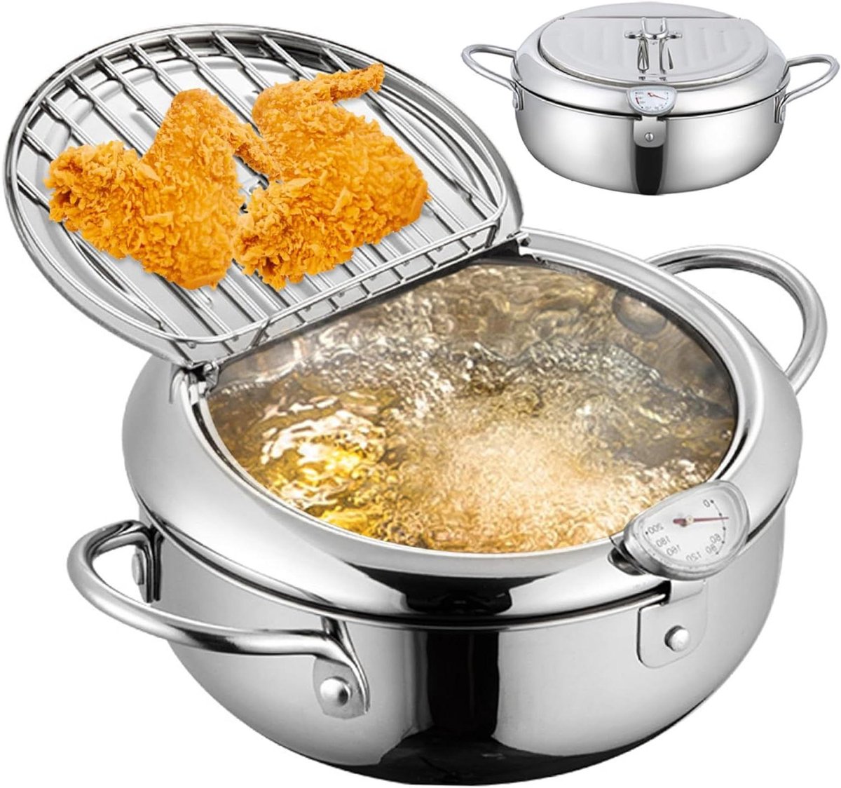 Koekenpan Friteuse - Japanse Pot - Frituren Thuis - Met Thermometer - 32 Liter - Zilver