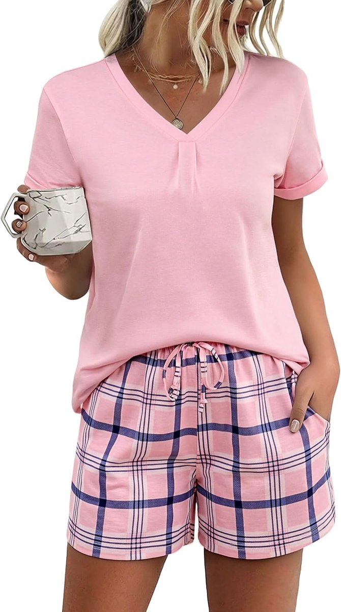 Pyjama voor dames, korte katoenen pyjama, zomerset, nachtkleding, korte mouwen, loungewear, slaapkleding, tweedelige V-hals, elastische tailleband en zakken, roze 2, L