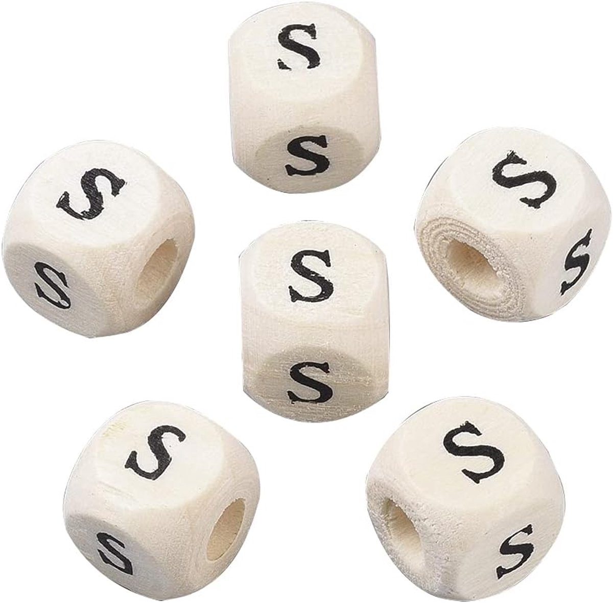 Kralen 10 x 10 mm natuurlijke houten kraal met initiaal alfabet 3,5 mm groot gat voor doe-het-zelf vriendschap armband sleutelhanger sieraden maken, letter S