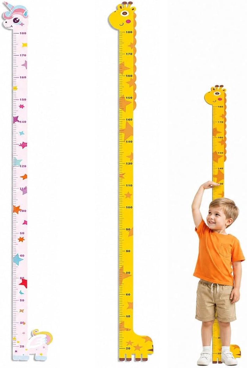 2 wandmeetinstrumenten voor kinderen voor groeimeting – set van 2 stickers met eenhoorn-motieven roze en gele giraf – decoratie slaapkamer