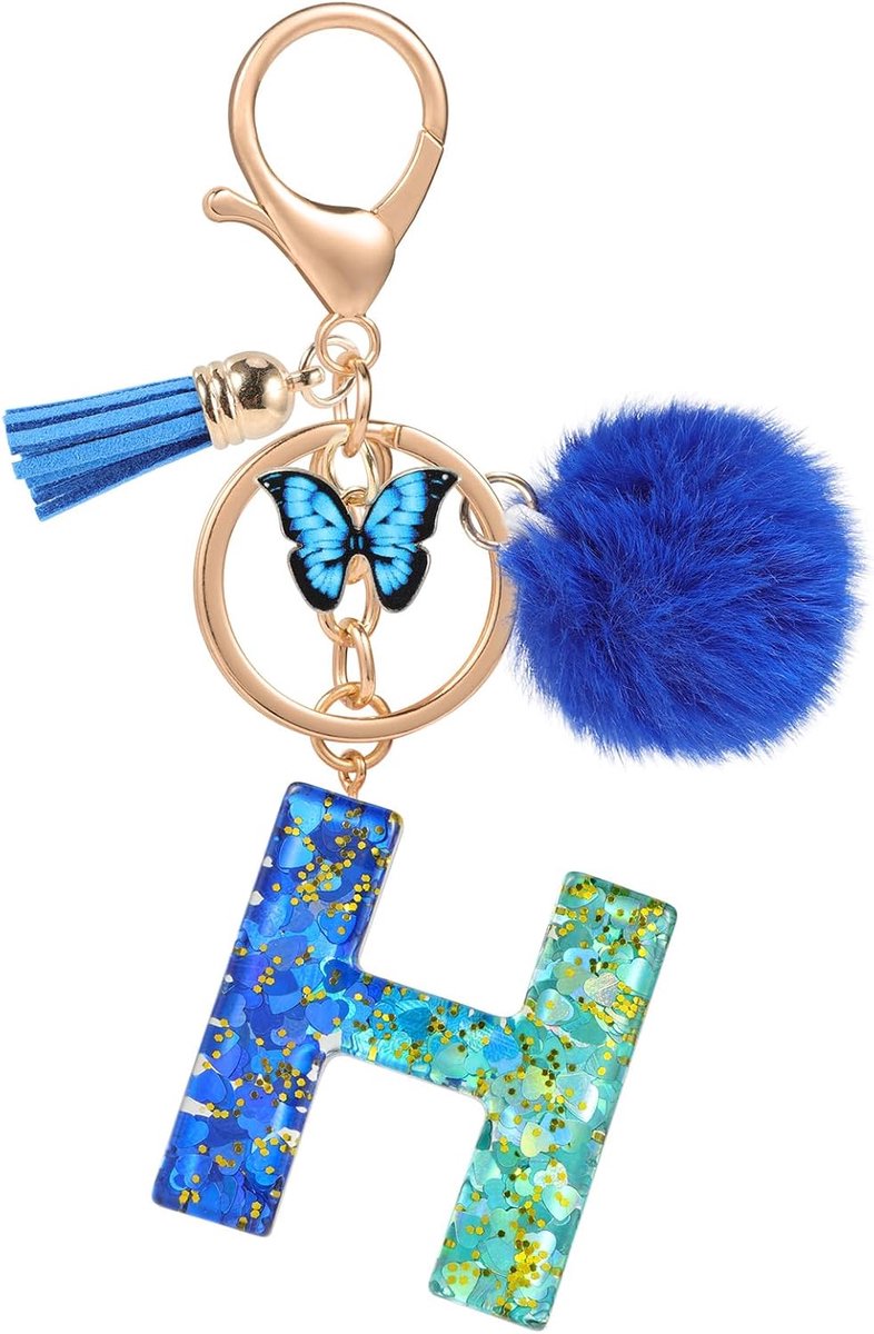 Naam Eerste Letter Sleutelhanger, Blauwe Auto Sleutelhangers voor Vrouwen, Gepersonaliseerde Hars Charms Voor Deur Auto Sleutel Handtas Decor