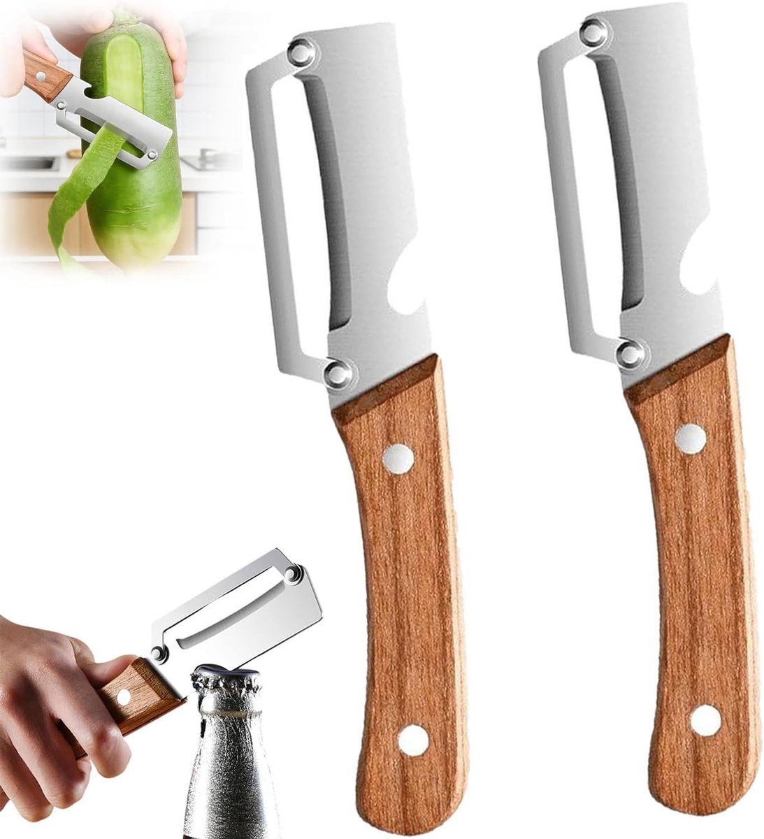 Snag Dunschiller van roestvrij staal, multifunctionele dunschiller met houten handvat en geïntegreerde flesopener voor fruit, groenten en vleesschijven, 2 stuks