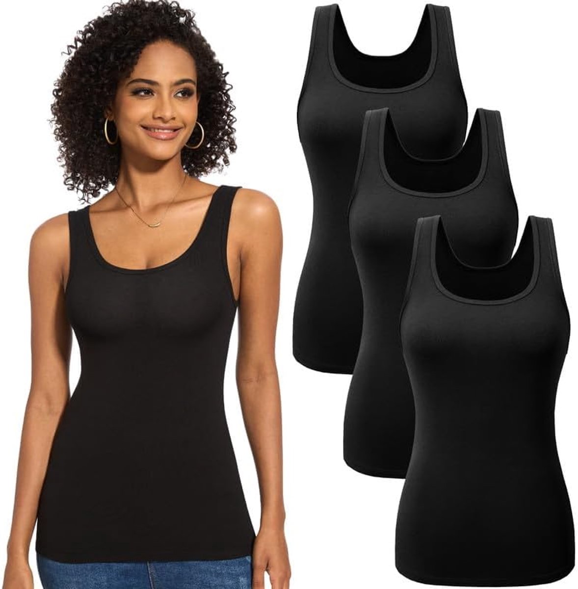 Set van 3 of 5 onderhemden voor dames, basic tanktop met U-hals, mouwloos, elastisch, slimfit, bovenstuk, effen, voor vrouwen en meisjes