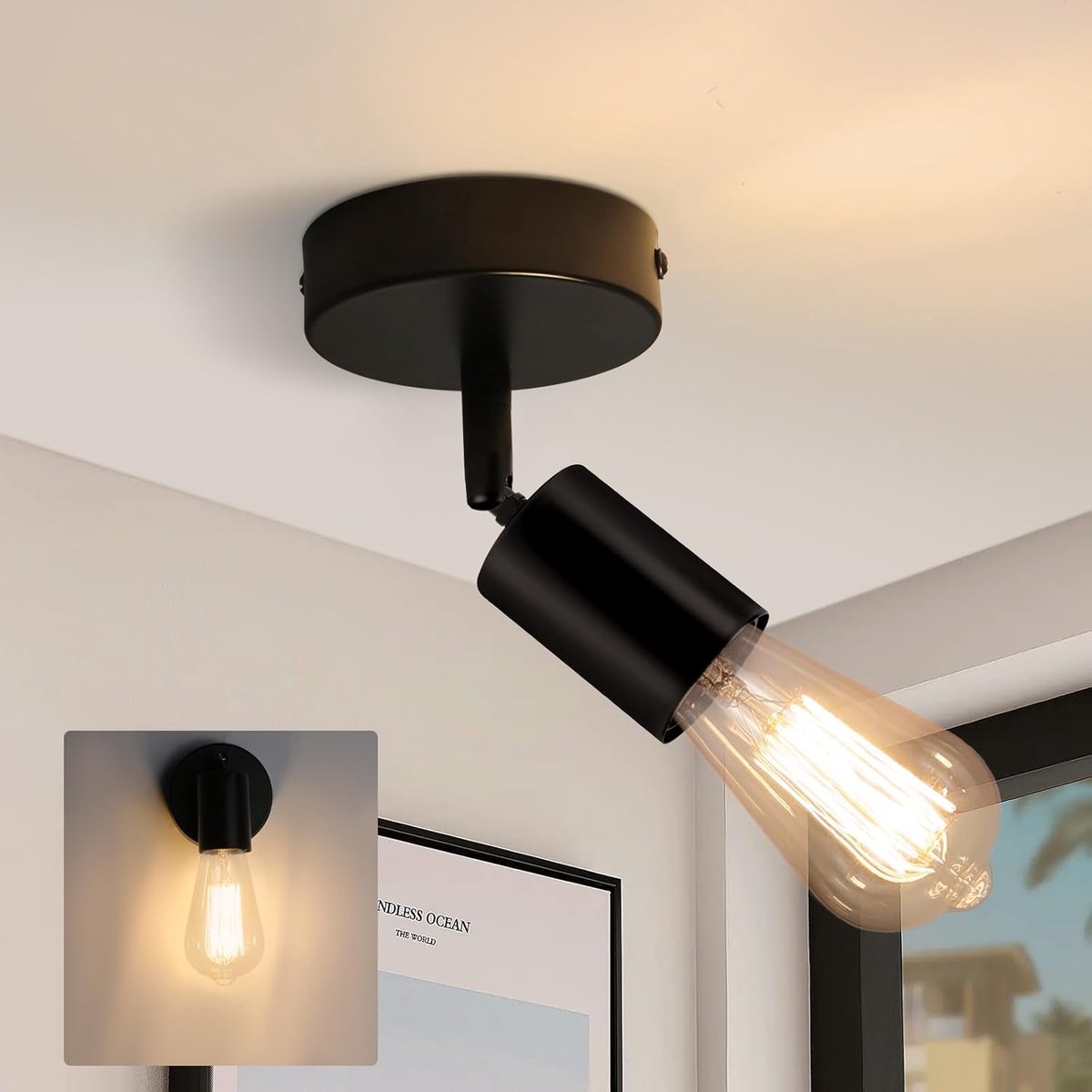 Plafondlamp E27 Zwart - Plafondspot Industrieel 1 Vlam Vintage | Wandspot Draaibaar Modern Spotlicht voor Keuken Hal Nachtkastje Woonkamer Slaapkamer