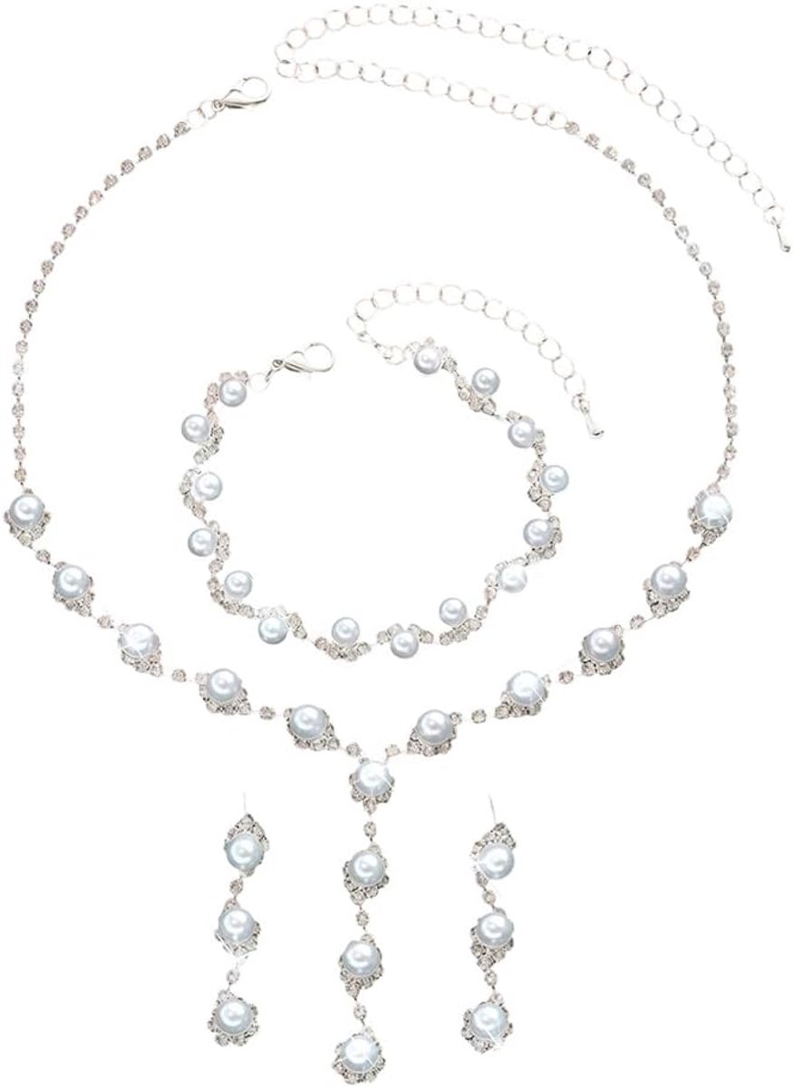 Sieradenset voor dames, elegant, met parels en kristallen, halsketting en oorbellen, voor speciale gelegenheden
