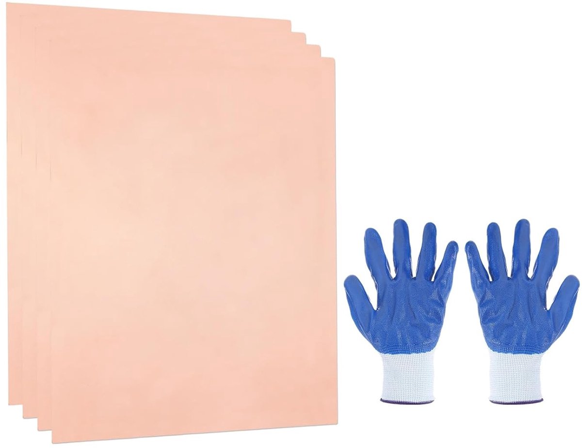 Koperen metalen platen, metalen platen 0,39 x 0,39 inch x 0,004 inch (10 x 10 x 0,1 mm) met handschoenen voor doe-het-zelf edelstenen reparaties elektrische