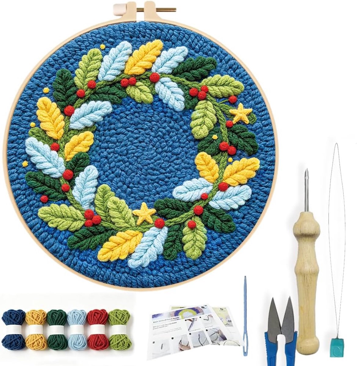 Punch Naald Kit voor Beginners Mini Krans Borduurwerk Punch Naald Starter Craft Set met Instructies Borduurring Hoepel Compleet Gereedschap voor Volwassenen Gift Decoratie, 20 cm