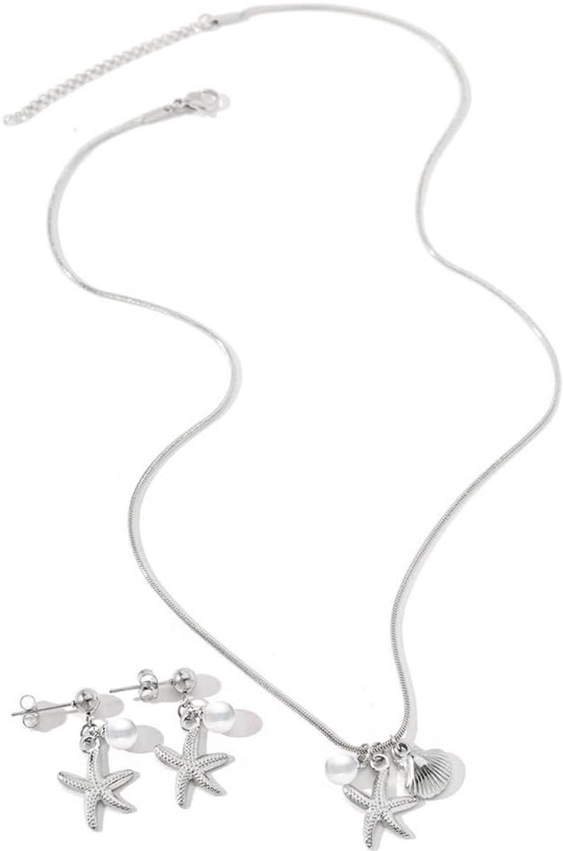 Sieradenset voor dames, 2 stuks, roestvrij staal, sterfish shell, halsketting, oorbellen, set, design, elegant, premium textuur, voor dagelijks gebruik en vakantie