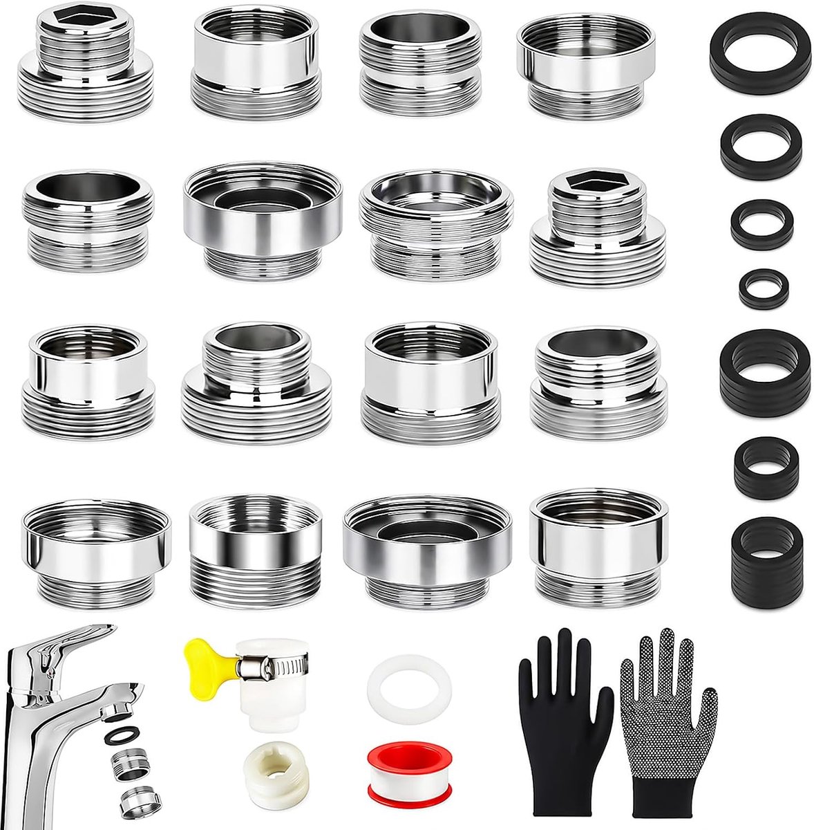 16 stuks kraanadapter, tuinslang, kraanadapter met afdichtingen, buitendraad, dubbele nippel, wateraansluiting, adapter, kraan, schroefdraadadapter, opzetstuk voor keuken, tuinslang