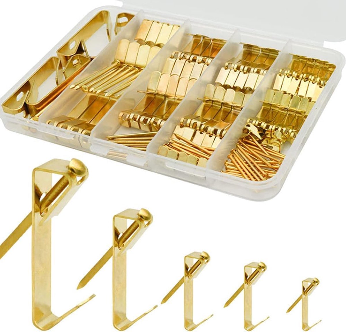 150-delige foto-ophangset Heavy Duty, fotohaken voor gipsplaten, metalen ophanghaken met spijkers, ondersteunt 100 lb+50 lb+20 lb+20 lb+10 kg, voor gipsplaten, hout en gips muren (75 sets).