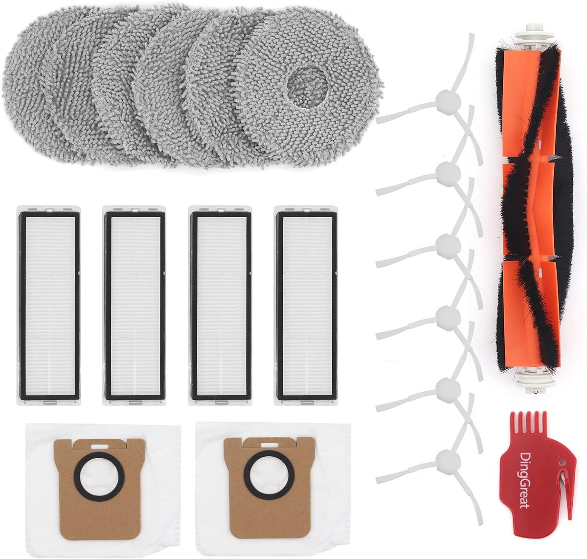 Reserveonderdelen voor Dreame L10s Ultra/Dreame L10s/S10/S10pro/X10 robotstofzuiger, 1 rolborstel, 4 filters, 6 schoonmaakdoeken, 6 zijborstels, 2 stofzakken, 1 reinigingsborstel