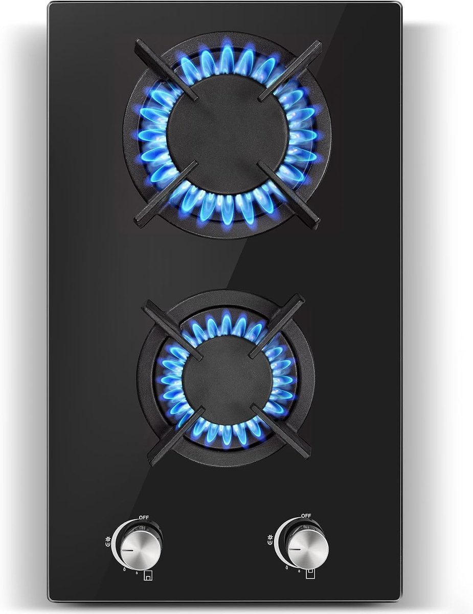 Gaskookplaat 2 pits, 30 cm, Zwart Glaskeramisch gasfornuis | Ontstekingszekering, Geschikt voor aardgas of propaangas, Inbouw of vrijstaand, 4200 W, 220-240 V
