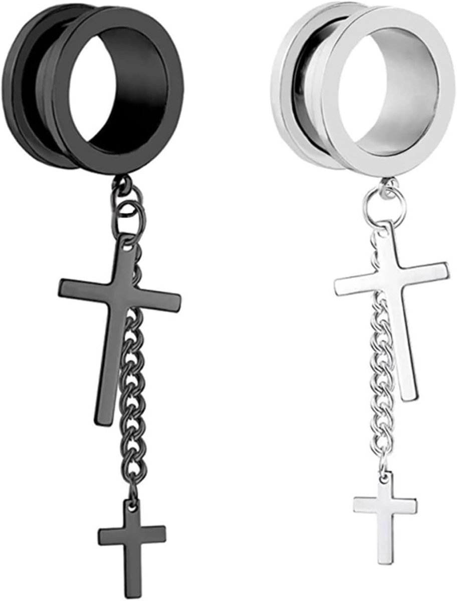 Tunnel, 6-25 mm, oorplugs, roestvrij staal, met hanger, kruis, schroefsluiting, piercing, tunnel, oorexpander, zilver/zwart