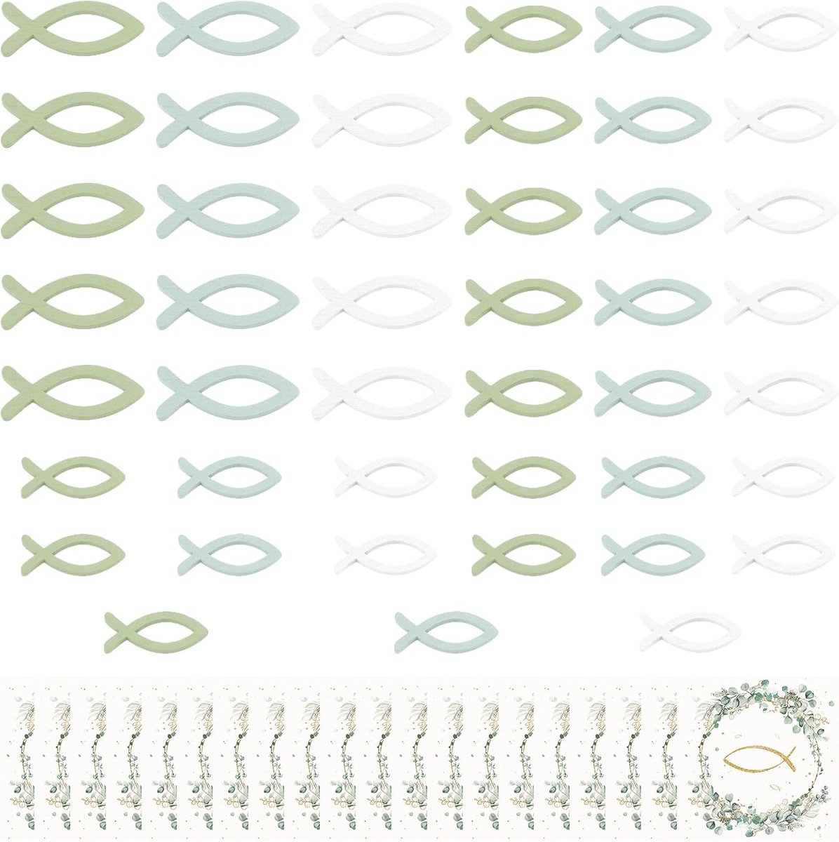 Set van 45 houten vissen, 45 vissen en 20 servetten, tafeldecoratie, doop, vormsel, communie, decoratie voor meisjes en jongens