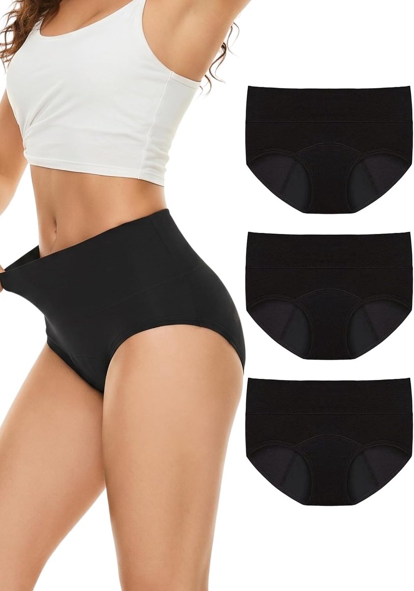 Menstruatiebroek damesondergoed: onderbroek met hoge taille, katoenen menstruatieslips, wasbaar, lekvrij, zware stroom voor postpartum dames, tienermeisjes, verpakking van 3 stuks