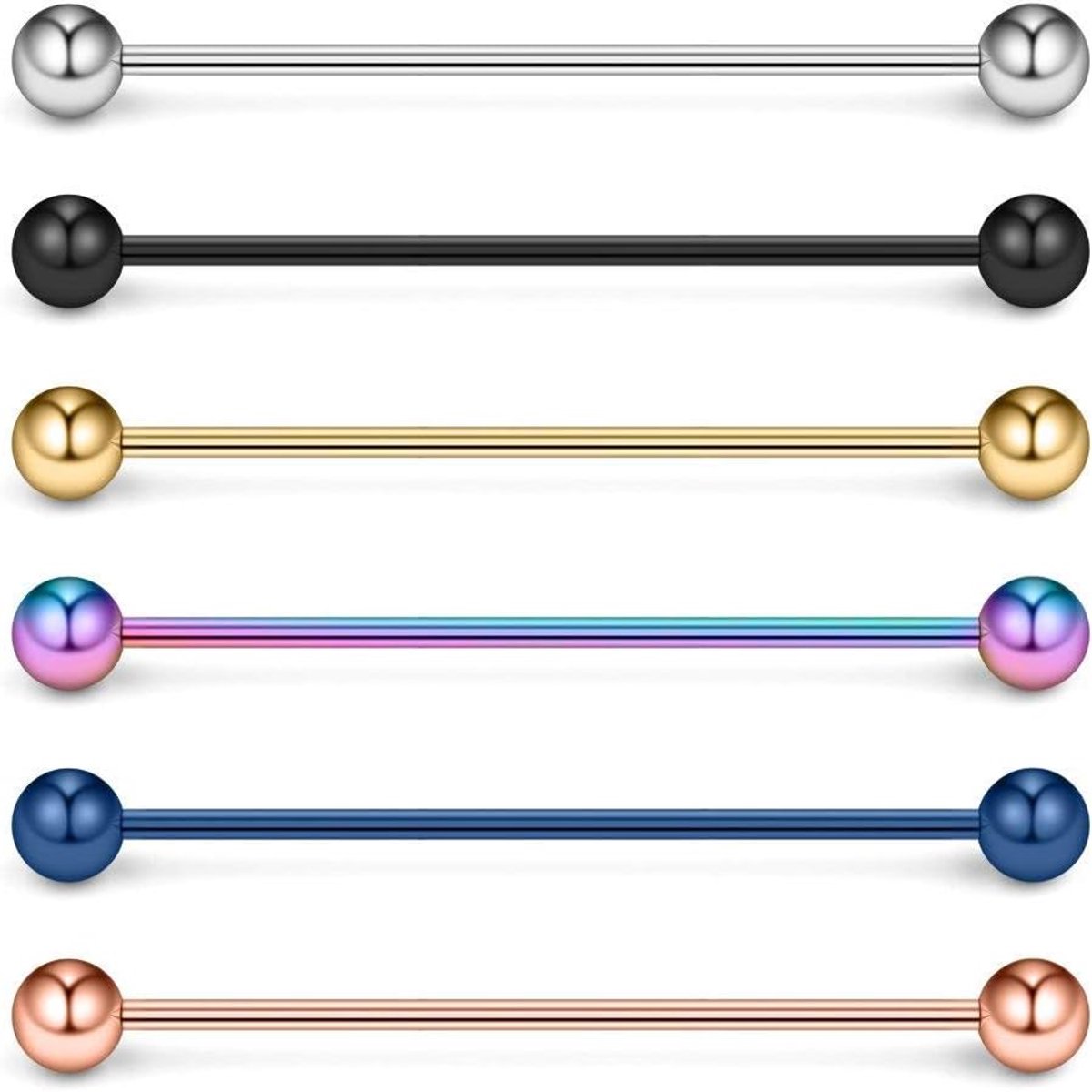 6 stuks chirurgisch staal, industriële piercing, barbell, 14 gauge, 35 mm, kraakbeen, oorpiercing, roestvrij staal, Roestvrij staal