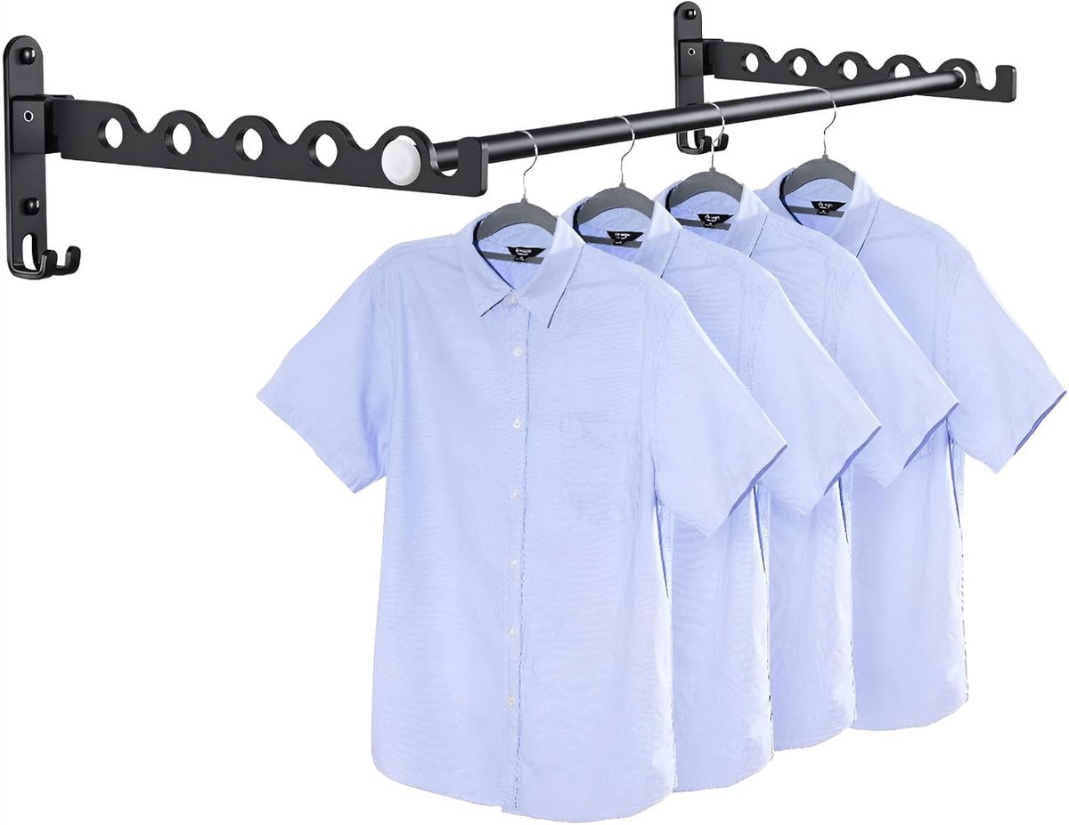 Wandkleerhanger, 90° draaibaar, opvouwbaar, wandmontage, voor badkamer, slaapkamer, wasruimte (zwart, 2 stuks + stang)